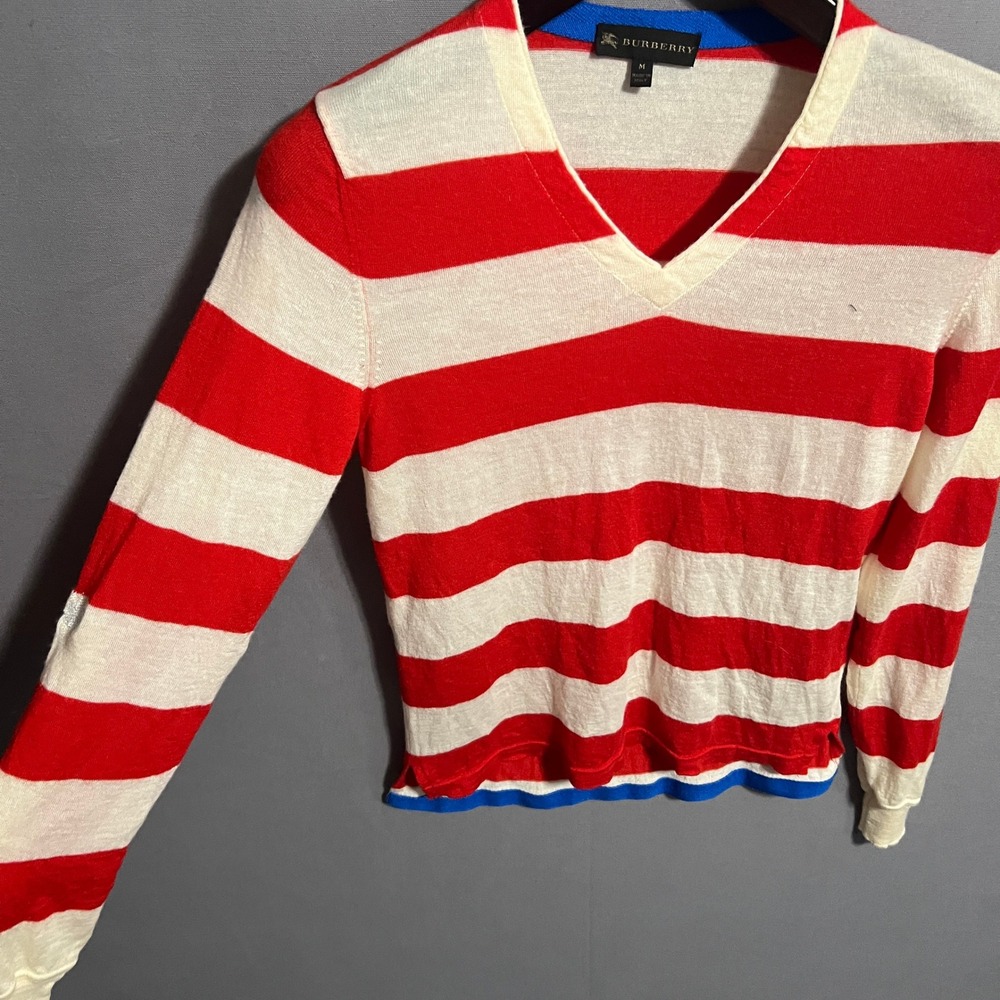 Burberry London Womens Red Cream Striped V-Neck Knit Sweater Made in Italy M - Picture 2 of 6